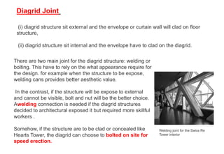Diagrid Joint
(i) diagrid structure sit external and the envelope or curtain wall will clad on floor
structure,
(ii) diagrid structure sit internal and the envelope have to clad on the diagrid.
There are two main joint for the diagrid structure: welding or
bolting. This have to rely on the what appearance require for
the design. for example when the structure to be expose,
welding cans provides better aesthetic value.
In the contrast, if the structure will be expose to external
and cannot be visible, bolt and nut will be the better choice.
Awelding connection is needed if the diagrid structures
decided to architectural exposed it but required more skillful
workers .
Somehow, if the structure are to be clad or concealed like
Hearts Tower, the diagrid can choose to bolted on site for
speed erection.
Welding joint for the Swiss Re
Tower interior
 