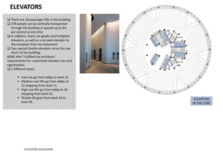  There are 18 passenger lifts in the building.
 378 people can be vertically transported
through the building at speeds up to 6m
per second at any time.
 In addition, there are goods and firefighter
elevators, as well as a car park elevator to
the reception from the basement.
 Two special shuttle elevators serve the top
floors of the building.
KONE Alta™ fulfilled the architects’
requirements for customized elevator cars and
signalization.
 3 different levels:
 Low rise go from lobby to level 12.
 Medium rise lifts go from lobby to
22 stopping from level 11.
 High rise lifts go from lobby to 34
stopping from level 22.
 Shuttle lift goes from level 34 to
level 39.
ELEVATORS
IN THE CORE
ELEVATORS
ELEVATORS IN BUILDING
 