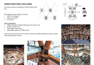 TOWER STRUCTURAL STEEL WORK
Total weight of steel: 8,358 ton of which:
• 29% is in the diagrid
• 24% core columns
• 47% beams
Steel in foundation:
• 750mm diameter straight-shafted piles into London clay
• Number of piles: 333
• Total length of piles: 9km
• Total design capacity: 117,000 tonnes
Because of site restrictions and in order to create a monolithic foundation, all piles and pile
caps were poured in one day.
The heart consists of a solid block of steel of 240 by 140
mm.
 