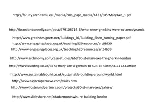 http://www.greendesignetc.net/Buildings_09/Building_Shen_Yuming_paper.pdf
http://www.engagingplaces.org.uk/teaching%20resources/art63639
http://www.engagingplaces.org.uk/teaching%20resources/art63639
http://www.archinomy.com/case-studies/669/30-st-mary-axe-the-gherkin-london
http://www.sustainablebuild.co.uk/sustainable-building-around-world.html
http://brandondonnelly.com/post/67910871416/who-knew-gherkins-were-so-aerodynamic
http://www.fosterandpartners.com/projects/30-st-mary-axe/gallery/
http://www.building.co.uk/30-st-mary-axe-a-gherkin-to-suit-all-tastes/3111783.article
http://www.skyscrapernews.com/swiss.htm
http://www.slideshare.net/adadarmon/swiss-re-building-london
http://faculty.arch.tamu.edu/media/cms_page_media/4433/30StMaryAxe_1.pdf
 