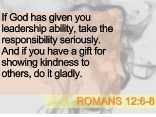 ROMANS 12:6-8
If God has given you
leadership ability, take the
responsibility seriously.
And if you have a gift for
showing kindness to
others, do it gladly.
 