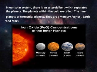In our solar system, there is an asteroid belt which separates
the planets. The planets within the belt are called: The inner
planets or terrestrial planets. They are : Mercury, Venus, Earth
and Mars.
 
