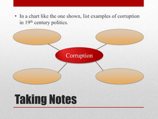 Taking NotesIn a chart like the one shown, list examples of corruption in 19th century politics.Corruption