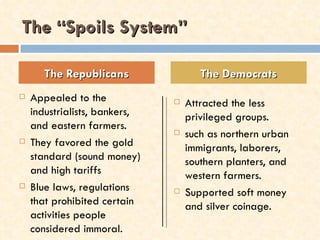 The “Spoils System”

       The Republicans                The Democrats
   Appealed to the               Attracted the less
    industrialists, bankers,       privileged groups.
    and eastern farmers.
                                  such as northern urban
   They favored the gold          immigrants, laborers,
    standard (sound money)         southern planters, and
    and high tariffs               western farmers.
   Blue laws, regulations        Supported soft money
    that prohibited certain        and silver coinage.
    activities people
    considered immoral.
 