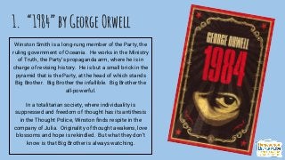 1. “1984”byGeorgeOrwell
Winston Smith is a long-rung member of the Party, the
ruling government of Oceania. He works in the Ministry
of Truth, the Party’s propaganda arm, where he is in
charge of revising history. He is but a small brick in the
pyramid that is the Party, at the head of which stands
Big Brother. Big Brother the infallible. Big Brother the
all-powerful.
In a totalitarian society, where individuality is
suppressed and freedom of thought has its antithesis
in the Thought Police, Winston finds respite in the
company of Julia. Originality of thought awakens, love
blossoms and hope is rekindled. But what they don’t
know is that Big Brother is always watching.
 