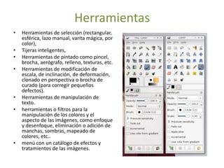 HerramientasHerramientas de selección (rectangular, esférica, lazo manual, varita mágica, por color),Tijeras inteligentes,Herramientas de pintado como pincel, brocha, aerógrafo, relleno, texturas, etc.Herramientas de modificación de escala, de inclinación, de deformación, clonado en perspectiva o brocha de curado (para corregir pequeños defectos).Herramientas de manipulación de texto.herramientas o filtros para la manipulación de los colores y el aspecto de las imágenes, como enfoque y desenfoque, eliminación o adición de manchas, sombras, mapeado de colores, etc..menú con un catálogo de efectos y tratamientos de las imágenes.