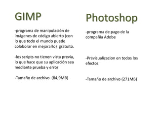 GIMP-programa de manipulación de imágenes de código abierto (con lo que todo el mundo puede colaborar en mejorarlo)  gratuito.los scripts no tienen vista previa, lo que hace que su aplicación sea mediante prueba y error