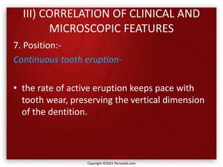 III) CORRELATION OF CLINICAL AND
MICROSCOPIC FEATURES
7. Position:-
Continuous tooth eruption-
• the rate of active eruption keeps pace with
tooth wear, preserving the vertical dimension
of the dentition.
Copyright ©2021 Periowiki.com
 