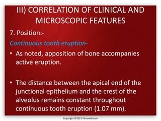 III) CORRELATION OF CLINICAL AND
MICROSCOPIC FEATURES
7. Position:-
Continuous tooth eruption-
• As noted, apposition of bone accompanies
active eruption.
• The distance between the apical end of the
junctional epithelium and the crest of the
alveolus remains constant throughout
continuous tooth eruption (1.07 mm).
Copyright ©2021 Periowiki.com
 