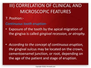 III) CORRELATION OF CLINICAL AND
MICROSCOPIC FEATURES
7. Position:-
Continuous tooth eruption-
• Exposure of the tooth by the apical migration of
the gingiva is called gingival recession, or atrophy.
• According to the concept of continuous eruption,
the gingival sulcus may be located on the crown,
cementoenamel junction, or root, depending on
the age of the patient and stage of eruption.
Copyright ©2021 Periowiki.com
 