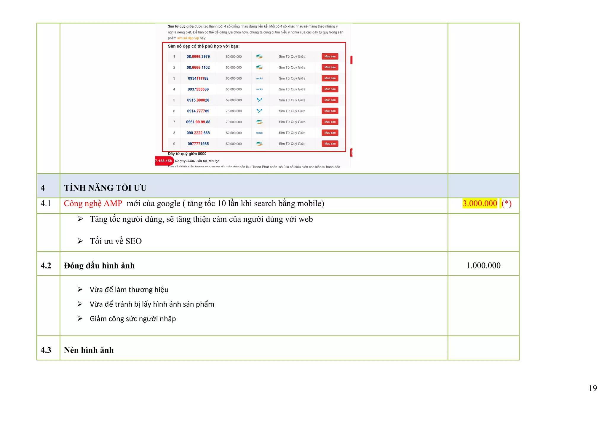 19
4 TÍNH NĂNG TỐI ƯU
4.1 Công nghệ AMP mới của google ( tăng tốc 10 lần khi search bằng mobile) 3.000.000 (*)
 Tăng tốc người dùng, sẽ tăng thiện cảm của người dùng với web
 Tối ưu về SEO
4.2 Đóng dấu hình ảnh 1.000.000
 Vừa để làm thương hiệu
 Vừa để tránh bị lấy hình ảnh sản phẩm
 Giảm công sức người nhập
4.3 Nén hình ảnh
 