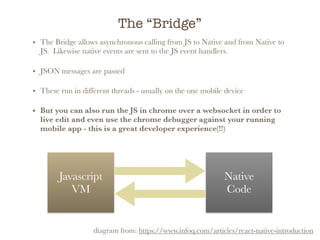 The “Bridge”
• The Bridge allows asynchronous calling from JS to Native and from Native to
JS. Likewise native events are sent to the JS event handlers.
• JSON messages are passed
• These run in different threads - usually on the one mobile device
• But you can also run the JS in chrome over a websocket in order to
live edit and even use the chrome debugger against your running
mobile app - this is a great developer experience(!!)
diagram from: https://www.infoq.com/articles/react-native-introduction
Javascript
VM
Native
Code
 