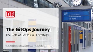 The GitOps Journey
The Role of GitOps in IT Strategy
03.05.2021 | Schlomo Schapiro | DB Systel | Deutsche Bahn
This work is licensed under a Creative Commons Attribution-ShareAlike 4.0
International License (with the exception of the stock images with copyright notice) DB83834 © Deutsche Bahn AG / Christian Bedeschinski
 