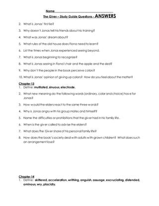 Name _____________________________________ 
The Giver – Study Guide Questions - ANSWERS 
2. What is Jonas’ first lie? 
3. Why doesn’t Jonas tell his friends about his training? 
4. What w as Jonas’ dream about? 
5. What rules of the old house does Fiona need to learn? 
6. List the times when Jonas experienced seeing beyond. 
7. What is Jonas beginning to recognize? 
8. What is Jonas seeing in Fiona’s hair and the apple and the sled? 
9. Why don’t the people in the book perceive colors? 
10. What is Jonas’ opinion of giv ing up colors? How do you feel about the matter? 
Chapter 13 
1. Define: mutilated, sinuous, electrode. 
2. What new meaning do the following words (ordinary, color and choice) have for 
Jonas? 
3. How would the elders react to the same three words? 
4. Why is Jonas angry with his group mates and himself? 
5. Name the difficulties or prohibitions that the giver had in his family life. 
6. When is the giver called to advise the elders? 
7. What does The Giver share of his personal family life? 
8. How does the book’s society deal w ith adults w ith grown children? What does such 
an arrangement lose? 
Chapter 14 
1. Define: skittered, acceleration, writhing, anguish, assuage, excruciating, distended, 
ominous, wry, placidly. 
 