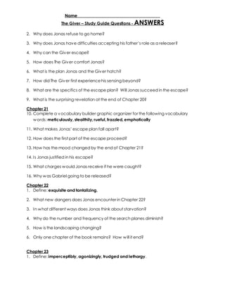 Name _____________________________________ 
The Giver – Study Guide Questions - ANSWERS 
2. Why does Jonas refuse to go home? 
3. Why does Jonas hav e difficulties accepting his father’s role as a releaser? 
4. Why can the Giver escape? 
5. How does The Giver comfort Jonas? 
6. What is the plan Jonas and the Giver hatch? 
7. How did The Giver first experience his sensing beyond? 
8. What are the specifics of the escape plan? Will Jonas succeed in the escape? 
9. What is the surprising revelation at the end of Chapter 20? 
Chapter 21 
10. Complete a vocabulary builder graphic organizer for the following vocabulary 
words: meticulously, stealthily, rueful, frazzled, emphatically 
11. What makes Jonas’ escape plan fall apart? 
12. How does the first part of the escape proceed? 
13. How has the mood changed by the end of Chapter 21? 
14. I s Jonas justified in his escape? 
15. What charges would Jonas receive if he were caught? 
16. Why was Gabriel going to be released? 
Chapter 22 
1. Define: exquisite and tantalizing. 
2. What new dangers does Jonas encounter in Chapter 22? 
3. In what different ways does Jonas think about starvation? 
4. Why do the number and frequency of the search planes diminish? 
5. How is the landscaping changing? 
6. Only one chapter of the book remains? How will it end? 
Chapter 23 
1. Define: imperceptibly, agonizingly, trudged and lethargy. 
 