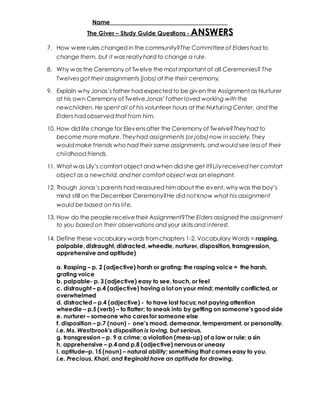 Name _____________________________________ 
The Giver – Study Guide Questions - ANSWERS 
7. How were rules changed in the community?The Committee of Elders had to 
change them, but it was really hard to change a rule. 
8. Why was the Ceremony of Twelve the most important of all Ceremonies? The 
Twelves got their assignments (jobs) at the their ceremony. 
9. Explain w hy Jonas’s father had expected to be giv en the Assignment as Nurturer 
at his own Ceremony of Twelve.Jonas’ father loved working with the 
newchildren. He spent all of his volunteer hours at the Nurturing Center, and the 
Elders had observed that f rom him. 
10. How did life change for Elevens after the Ceremony of Twelve?They had to 
become more mature. They had assignments (or jobs) now in society. They 
would make f riends who had their same assignments, and would see less of their 
childhood friends. 
11. What w as Lily’s comfort object and w hen did she get it?Lily received her comfort 
object as a newchild, and her comfort object was an elephant. 
12. Though Jonas’s parents had reassured him about the ev ent, why was the boy’s 
mind still on the December Ceremony?He did not know what his assignment 
would be based on his life. 
13. How do the people receive their Assignment?The Elders assigned the assignment 
to you based on their observations and your skills and interest. 
14. Define these vocabulary words from chapters 1-2. Vocabulary Words = rasping, 
palpable, distraught, distracted, wheedle, nurturer, disposition, transgression, 
apprehensive and aptitude) 
a. Rasping – p. 2 (adjective) harsh or grating; the rasping voice = the harsh, 
grating voice 
b. palpable- p. 3 (adjective) easy to see, touch, or feel 
c. distraught – p.4 (adjective) having a lot on your mind; mentally conflicted, or 
overwhelmed 
d. distracted – p.4 (adjective) - to have lost focus; not paying attention 
wheedle – p.5 (verb) – to flatter; to sneak into by getting on someone’s good side 
e. nurturer – someone who cares for someone else 
f. disposition – p.7 (noun) - one’s mood, demeanor, temperament, or personality. 
i.e. Ms. Westbrook’s disposition is loving, but serious. 
g. transgression – p. 9 a crime; a violation (mess-up) of a law or rule; a sin 
h. apprehensive – p.4 and p.8 (adjective) nervous or uneasy 
i. aptitude–p. 15 (noun) – natural ability; something that comes easy to you. 
I.e. Precious, Khari, and Reginald have an aptitude for drawing. 
 