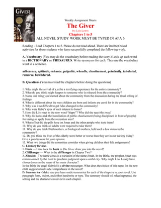 Weekly Assignment Sheets
The Giver
by: Lois Lowry
Chapters 1 to 5
ALL NOVEL STUDY WORK MUST BE TYPED IN APA 6
Reading - Read Chapters 1 to 5. Please do not read ahead. There are internet based
activities for those students who have successfully completed the following work.
A. Vocabulary (You may do the vocabulary before reading the story.) Look up each word
in a DICTIONARY or THESAURUS. Write synonyms for each. Then use the vocabulary
word in a sentence.
adherence, aptitude, enhance, palpable, wheedle, chastisement, petulantly, tabulated,
remorse, bewildered.
B. Questions (You must read the chapters before doing the questions)
1. Why might the arrival of a jet be a terrifying experience for the entire community?
2. What do you think might happen to someone who is released from the community?
3. Name one thing you learned about the community from the discussion during the ritual telling of
feelings.
4. What is different about the way children are born and infants are cared for in the community?
5. Why was it so difficult to get rules changed in the community?
6. Why were Gabe’s eyes of such interest to Jonas?
7. How did Lily react to the new word “hippo”? Why did she react this way?
8. Why did Jonas risk the humiliation of public chastisement (being disciplined in front of people)
for taking an apple from the recreation area?
9. What effect did the pills have on Jonas and the other people who took them?
10. Why do you think all adults were required to take them?
11. Why do you think Birthmothers, or biological mothers, held such a low status in the
community?
12. Do you think the lives of the elderly were better or worse than they are in our society today?
Give a good reason for your opinion.
13. What two things did the committee consider when giving children their life assignments?
C. Literary Devices
1. Hook — How does the hook in The Giver draw you into the novel?
2. Cliffhanger — What is the cliffhanger in Chapter Two?
3. Allusion - The name Jonas is a variation of the name Jonah. In the Bible, the prophet Jonah was
commissioned by the Lord to proclaim judgment upon a sinful city. Why might Lois Lowry have
chosen Jonas as the name of her main character?
In the Bible the angel Gabriel is a divine messenger. What does the choice of this name for the new
child suggest about Gabe’s importance in the novel?
D. Summaries - Make sure you have made summaries for each of the chapters in your novel. Use
paragraph form, indent, and either handwrite or type. The summary should tell what happened, the
setting and the characters involved in each chapter.
 
