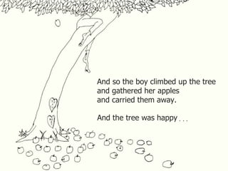 And so the boy climbed up the tree and gathered her apples and carried them away. And the tree was happy . . . 