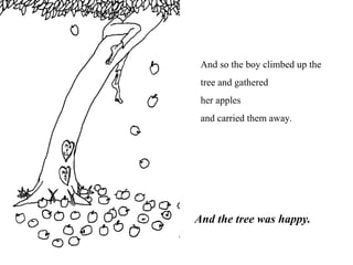 And so the boy climbed up the
tree and gathered
her apples
and carried them away.
And the tree was happy.
 