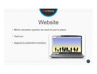 ❤ & Home 




                        Website
•  Mimic donation system we want to put in place

•  Test run

•  Appeal to potential investors




                                                   17
 