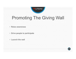 ❤ & Home 




  Promoting The Giving Wall
•  Raise awareness


•  Drive people to participate


•  Launch the wall




                                         20
 
