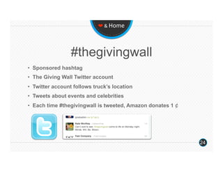 ❤ & Home 




                 #thegivingwall
•  Sponsored hashtag
•  The Giving Wall Twitter account
•  Twitter account follows truck’s location
•  Tweets about events and celebrities
•  Each time #thegivingwall is tweeted, Amazon donates 1 ¢




                                                             24
 