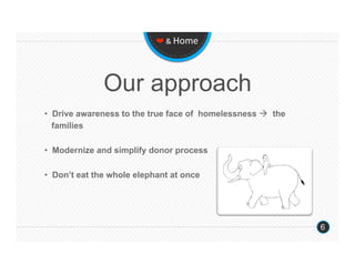 ❤ & Home 




              Our approach
•  Drive awareness to the true face of homelessness  the
   families

•  Modernize and simplify donor process

•  Don’t eat the whole elephant at once




                                                            6
 