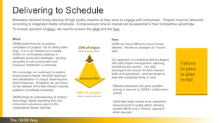 Marketers demand timely delivery of high quality creative as they work to engage with consumers. Projects must be delivered
according to integrated media schedules. Entrepreneurs’ time to market can be essential to their competitive advantage.
To answer question of when, we need to answer the what and the how.
Delivering to Schedule
GKIM profits from the successful
completion of projects, not for letting them
drag. It is in our interest not to waste
dollars on unnecessary features or
inefficient production strategies - as long
as quality is not compromised and
maximum distribution is achieved.
We encourage our customers to explore
actual product needs, the MVP approach
and identification of unique, essential and
distinct features. If together we can focus
on the relevant KPI’s then Pareto’s eternal
question is profitably answered.
GKIM brings an understanding of product
technology, digital marketing and how
consumers experience apps to this
collaborative design exercise.
How
GKIM can focus efforts to ensure timely
delivery. We are no strangers to “crunch
time”.
Our approach to scheduling delivery begins
with tight project management: planning,
monitoring and control. Our lead
developers are chosen for their relevant
skills and experience – and are taught to
lead with schedules firmly in mind.
Effective teamwork and quick problem
solving is assured by GKIM’s collaboration
culture.
GKIM has ready access to an expansive
resource pool of quality talent, allowing
parallel efforts and a “factory” approach
when required.
What
Failure
to plan,
is plan
to fail
The GKIM Way
 