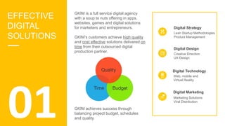 EFFECTIVE
DIGITAL
SOLUTIONS
GKIM is a full service digital agency
with a soup to nuts offering in apps,
websites, games and digital solutions
for marketers and entrepreneurs.
GKIM’s customers achieve high quality
and cost effective solutions delivered on
time from their outsourced digital
production partner.
GKIM achieves success through
balancing project budget, schedules
and quality.
Digital Strategy
Lean Startup Methodologies
Product Management
Digital Design
Creative Direction
UX Design
Digital Technology
Web, mobile and
Virtual Reality
Digital Marketing
Marketing Solutions
Viral Distribution
01
 