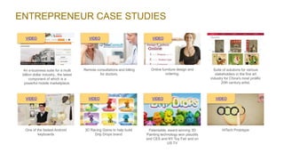 ENTREPRENEUR CASE STUDIES
HiTech Prototype3D Racing Game to help build
Drip Drops brand
Suite of solutions for various
stakeholders in the fine art
industry for China's most prolific
20th century artist.
An e-business suite for a multi
billion dollar industry., the latest
component of which is a
powerful mobile marketplace.
Patentable, award winning 3D
Painting technology won plaudits
and CES and NY Toy Fair and on
US TV
Remote consultations and billing
for doctors.
Online furniture design and
ordering.
One of the fastest Android
keyboards
VIDEOVIDEO VIDEO
VIDEO VIDEO VIDEO VIDEO
 