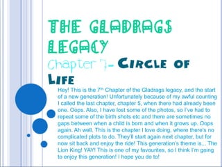 The Gladrags Legacy Chapter 7- Circle of Life Hey! This is the 7th Chapter of the Gladrags legacy, and the start of a new generation! Unfortunately because of my awful counting I called the last chapter, chapter 5, when there had already been one. Oops. Also, I have lost some of the photos, so I’ve had to repeat some of the birth shots etc and there are sometimes no gaps between when a child is born and when it grows up. Oops again. Ah well. This is the chapter I love doing, where there’s no complicated plots to do. They’ll start again next chapter, but for now sit back and enjoy the ride! This generation’s theme is... The Lion King! YAY! This is one of my favourites, so I think I’m going to enjoy this generation! I hope you do to! 