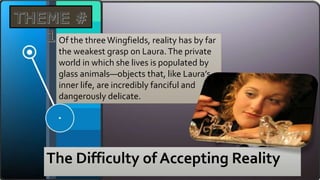 The Difficulty of Accepting Reality
Of the threeWingfields, reality has by far
the weakest grasp on Laura.The private
world in which she lives is populated by
glass animals—objects that, like Laura’s
inner life, are incredibly fanciful and
dangerously delicate.
 