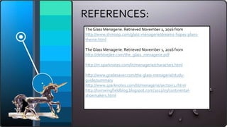 REFERENCES:
The Glass Menagerie. Retrieved November 1, 2016 from
http://www.shmoop.com/glass-menagerie/dreams-hopes-plans-
theme.html
The Glass Menagerie. Retrieved November 1, 2016 from
http://debbiejlee.com/the_glass_menagerie.pdf
http://m.sparknotes.com/lit/menagerie/characters.html
http://www.gradesaver.com/the-glass-menagerie/study-
guide/summary
http://www.sparknotes.com/lit/menagerie/section1.rhtml
http://tomwingfieldblog.blogspot.com/2011/03/continental-
shoemakers.html
 
