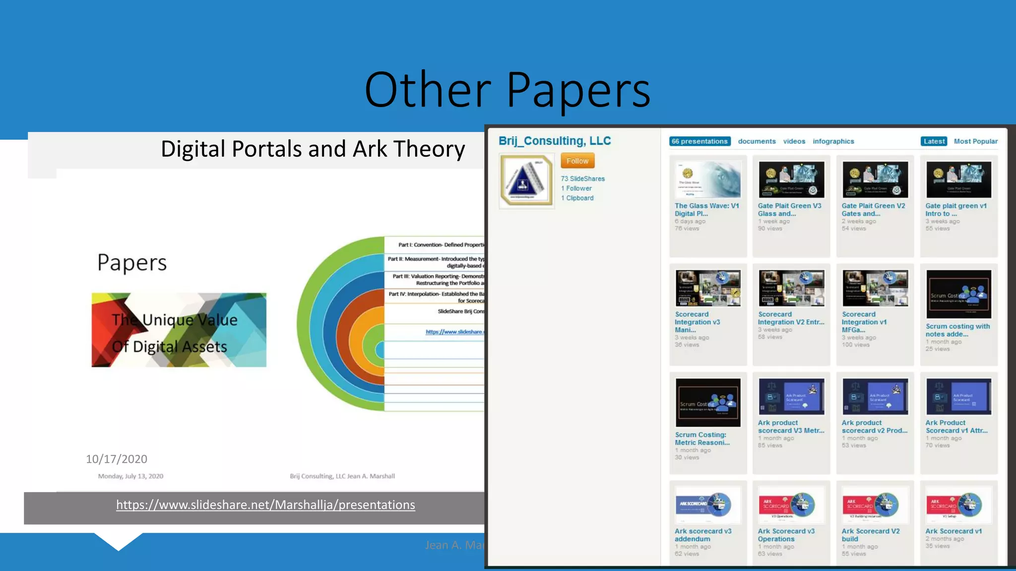 Other Papers
Digital Portals and Ark Theory
10/17/2020
Jean A. Marshall, Brij Consulting 27
https://www.slideshare.net/Marshallja/presentations
 