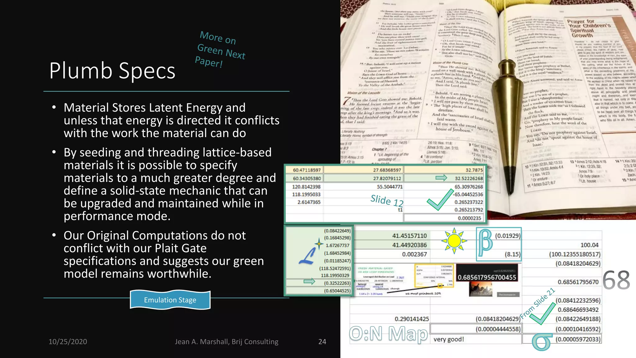 Plumb Specs
• Material Stores Latent Energy and
unless that energy is directed it conflicts
with the work the material can do
• By seeding and threading lattice-based
materials it is possible to specify
materials to a much greater degree and
define a solid-state mechanic that can
be upgraded and maintained while in
performance mode.
• Our Original Computations do not
conflict with our Plait Gate
specifications and suggests our green
model remains worthwhile.
10/25/2020 Jean A. Marshall, Brij Consulting 24
Emulation Stage
 