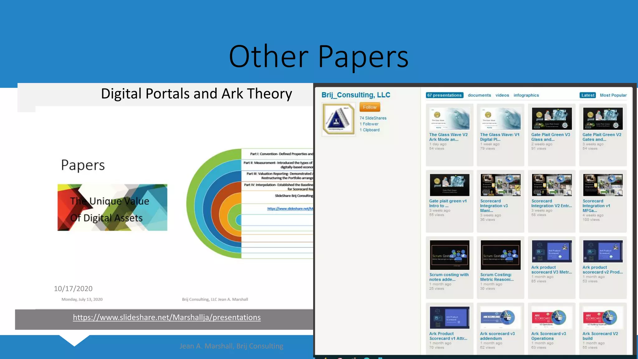 Other Papers
Digital Portals and Ark Theory
10/17/2020
Jean A. Marshall, Brij Consulting 31
https://www.slideshare.net/Marshallja/presentations
 