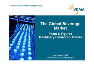 • 1 •
Food Processing and Packaging Machinery
The Global Beverage
Market
Facts & Figures
Machinery Demand & Trends
Vera Fritsche, VDMA
Asia Drink Conference 2013, Bangkok
 