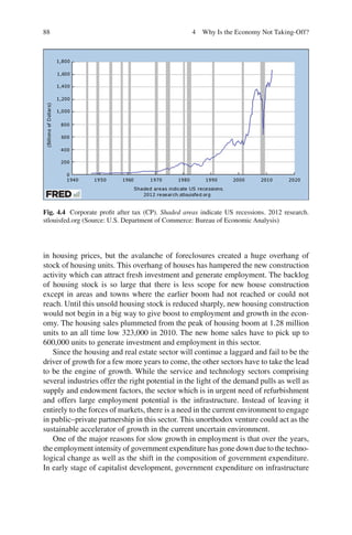 88 4 Why Is the Economy Not Taking-Off?
in housing prices, but the avalanche of foreclosures created a huge overhang of
stock of housing units. This overhang of houses has hampered the new construction
activity which can attract fresh investment and generate employment. The backlog
of housing stock is so large that there is less scope for new house construction
except in areas and towns where the earlier boom had not reached or could not
reach. Until this unsold housing stock is reduced sharply, new housing construction
would not begin in a big way to give boost to employment and growth in the econ-
omy. The housing sales plummeted from the peak of housing boom at 1.28 million
units to an all time low 323,000 in 2010. The new home sales have to pick up to
600,000 units to generate investment and employment in this sector.
Since the housing and real estate sector will continue a laggard and fail to be the
driver of growth for a few more years to come, the other sectors have to take the lead
to be the engine of growth. While the service and technology sectors comprising
several industries offer the right potential in the light of the demand pulls as well as
supply and endowment factors, the sector which is in urgent need of refurbishment
and offers large employment potential is the infrastructure. Instead of leaving it
entirely to the forces of markets, there is a need in the current environment to engage
in public–private partnership in this sector. This unorthodox venture could act as the
sustainable accelerator of growth in the current uncertain environment.
One of the major reasons for slow growth in employment is that over the years,
the employment intensity of government expenditure has gone down due to the techno-
logical change as well as the shift in the composition of government expenditure.
In early stage of capitalist development, government expenditure on infrastructure
Fig. 4.4 Corporate proﬁt after tax (CP). Shaded areas indicate US recessions. 2012 research.
stlouisfed.org (Source: U.S. Department of Commerce: Bureau of Economic Analysis)
 