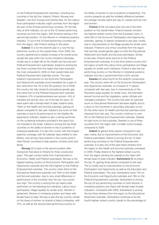 The Global Gender Gap Report 2015 | 19
Part 1: Measuring the Global Gender Gap
on the Political Empowerment subindex—including four
countries in the top five: Iceland, Finland, Norway and
Sweden—are from Europe and Central Asia. On the Labour
force participation indicator, eight countries from the region
are part of the 20 best-performing countries. On the Sex
ratio at birth indicator, six out of the 10 lowest performing
countries are from the region, with Armenia ranking in the
second last position. On the Women in ministerial positions
indicator, 13 out of the 20 best-performing countries are
from the region, with Finland ranking in first place.
Iceland (1) is for the seventh year in a row the top
performer country on the overall Index. From 2006, the
country experienced a steady increase of its overall score,
except last year when the country showed a decrease
mostly due to a slight fall on the Health and Survival and
Political Empowerment subindexes. Iceland is among the
top three countries from the region that have improved
the most compared to 2006 on their overall Index and
Political Empowerment subindex scores. This year,
Iceland’s improvement on the Economic Participation
and Opportunity subindex score translated into a gain of
two ranks (from the 7th to the 5th position). As of 2009,
the country has fully closed its educational gender gap
and ranks first on the Political Empowerment subindex.
In Iceland, 41% of parliamentarians are women, 44% of
ministers are women and, out of the last 50 years, 20
were spent with a female head of state. Iceland ranks
105th on the Health and Survival subindex, gaining 23
places compared to last year. Iceland’s low score on that
subindex is due to its performance on the Healthy life
expectancy indicator. Iceland is also a strong performer
on the contextual indicators provided in the report but
not included in the Index. Iceland is among the top three
countries on the ability of women to rise to positions of
enterprise leadership. It is also the country with the longest
paternity coverage, with 90 calendar days entitled to new
fathers, one among many policies in the country (and in
other Nordic countries) to help parents combine work and
family.
Norway (2) is back in the second position after
having lost that place to Finland for three consecutive
years. This gain comes mainly from improvements in
Economic, Health and Political subindexes. Norway is the
highest-ranking country on the Economic Participation and
Opportunity subindex and the third highest on the Political
Empowerment subindex. The country ranks 32nd on the
Educational Attainment subindex and 70th on the Health
and Survival subindex—due to very small differences in
performance of the countries near the top—but scores
very high. The country is among the top twenty best
performers on the following five indicators: Labour force
participation, Wage equality for similar work, Women in
parliament, Women in ministerial position and Years with
female head of state. Norway is also the top country overall
on the share of women on boards of listed companies, with
37%, as well as the second best-performing country on
the Ability of women to rise to positions of leadership. The
country presents as well the smallest difference between
the average minutes spent per day on unpaid work by men
and women.
Finland (3) fell one place and now sits in the third
position on the overall Index. Finland however remains
the highest-ranked country from the European Union. It
ranks 8th on the Economic Participation and Opportunity
subindex, gaining 13 places compared to last year, mostly
due to improvements on the Wage equality for similar work
indicator. Finland is one of four countries from the region
that has fully closed gender gaps on both the Educational
Attainment and Health and Survival subindexes. Similar
to last year, Finland ranks second on the Political
Empowerment subindex. It is the third-ranked country from
the region on both the Labour force participation and Wage
equality for similar work indicators. Finland is also the top-
performing country on the Women in ministerial positions
indicator and has a government that is 63% women.
Sweden (4) ranks fourth for the seventh consecutive
year. The country ranks 4th on the Economic Participation
and Opportunity subindex, an increase of 11 places
compared with last year, due to improvements on the
Perceived wage equality for similar work, the Estimated
earned income and the Legislators, senior officials and
managers indicators. The country has seen its subindex
score on Educational Attainment decrease slightly due to
a drop on the Enrolment in secondary education score.
On the other hand, its Health and Survival subindex score
improved from last year. The country continues to rank
5th on the Political and Empowerment subindex. Despite
its high score on that subindex, Sweden is one of three
countries from the region with a smaller score increase
compared to 2006.
Ireland (5) gained three places compared to last
year, mainly due to improvements on the Economic and
Political subindexes. Ireland is among the top 10 best-
performing countries on the Political Empowerment
subindex. It is also one of the best three climbers from
the region on the Health and Survival subindex compared
to 2006. Finally, Ireland is the highest-ranked country
from the region (ranking 3rd overall) on the Years with
female head of state indicator. Switzerland (8) re-enters
the top 10, gaining three places compared to last year.
This is mostly due to improvements on the Economic
Participation and Opportunity as well as the Education and
Political subindexes. This year, Switzerland ranks 17th on
the Economic and Opportunity subindex and 18th on the
Political Empowerment subindex. Switzerland is among
the top 20 top-performing countries on both Women in
ministerial positions and Years with female head of state
indicators. Compared with 2006, Switzerland is among
the top three climbers from the region on the Educational
Attainment subindex. Switzerland continues to be the
fourth-highest ranked country overall on the percentage of
 