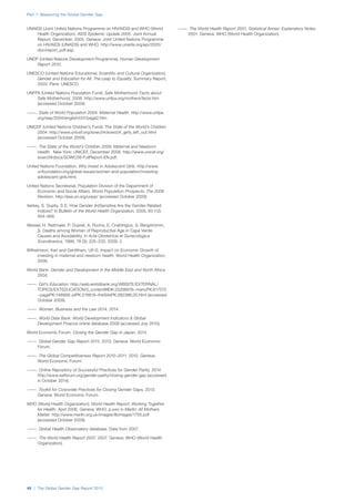 Part 1: Measuring the Global Gender Gap
48 | The Global Gender Gap Report 2015
UNAIDS (Joint United Nations Programme on HIV/AIDS) and WHO (World
Health Organization). AIDS Epidemic Update 2005. Joint Annual
Report. December, 2005. Geneva: Joint United Nations Programme
on HIV/AIDS (UNAIDS) and WHO. http://www.unaids.org/epi/2005/
doc/report_pdf.asp.
UNDP (United Nations Development Programme). Human Development
Report 2010.
UNESCO (United Nations Educational, Scientific and Cultural Organization).
Gender and Education for All: The Leap to Equality. Summary Report,
2003. Paris: UNESCO.
UNFPA (United Nations Population Fund). Safe Motherhood: Facts about
Safe Motherhood, 2008. http://www.unfpa.org/mothers/facts.htm
(accessed October 2009).
———. State of World Population 2004: Maternal Health. http://www.unfpa.
org/swp/2004/english/ch7/page2.htm.
UNICEF (United Nations Children’s Fund). The State of the World’s Children
2004. http://www.unicef.org/sowc04/sowc04_girls_left_out.html
(accessed October 2009).
———. The State of the World’s Children 2009: Maternal and Newborn
Health. New York: UNICEF, December 2008. http://www.unicef.org/
sowc09/docs/SOWC09-FullReport-EN.pdf.
United Nations Foundation. Why Invest in Adolescent Girls. http://www.
unfoundation.org/global-issues/women-and-population/investing-
adolescent-girls.html.
United Nations Secretariat, Population Division of the Department of
Economic and Social Affairs. World Population Prospects: The 2008
Revision. http://esa.un.org/unpp/ (accessed October 2009).
Varkey, S, Gupta, S S. How Gender (In)Sensitive Are the Gender-Related
Indices? In Bulletin of the World Health Organization, 2005, 83 (12):
954–956.
Wessel, H, Reitmaier, P, Dupret, A, Rocha, E, Cnattingius, S, Bergströmm,
S. Deaths among Women of Reproductive Age in Cape Verde:
Causes and Avoidability. In Acta Obstetricia et Gynecologica
Scandinavica, 1999, 78 (3): 225–232; 2009: 2.
Wilhelmson, Karl and Gerdtham, Ulf-G. Impact on Economic Growth of
investing in maternal and newborn health. World Health Organization,
2006.
World Bank. Gender and Development in the Middle East and North Africa.
2004.
———. Girl’s Education. http://web.worldbank.org/WBSITE/EXTERNAL/
TOPICS/EXTEDUCATION/0,,contentMDK:20298916~menuPK:617572
~pagePK:148956~piPK:216618~theSitePK:282386,00.html (accessed
October 2009).
———. Women, Business and the Law 2014. 2014.
———. World Data Bank: World Development Indicators & Global
Development Finance online database 2008 (accessed July 2010).
World Economic Forum. Closing the Gender Gap in Japan, 2014.
———. Global Gender Gap Report 2013. 2013. Geneva: World Economic
Forum.
———. The Global Competitiveness Report 2010–2011. 2010. Geneva:
World Economic Forum.
———. Online Repository of Successful Practices for Gender Parity, 2014.
http://www.weforum.org/gender-parity/closing-gender-gap (accessed
in October 2014).
———. Toolkit for Corporate Practices for Closing Gender Gaps, 2013.
Geneva: World Economic Forum.
WHO (World Health Organization). World Health Report: Working Together
for Health. April 2006, Geneva: WHO; p.xxiv in Merlin: All Mothers
Matter. http://www.merlin.org.uk/images/libimages/1755.pdf
(accessed October 2009).
———. Global Health Observatory database. Data from 2007.
———. The World Health Report 2007. 2007. Geneva: WHO (World Health
Organization).
———. The World Health Report 2001, Statistical Annex: Explanatory Notes.
2001. Geneva: WHO (World Health Organization).
 