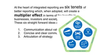 At the heart of integrated reporting are six tenets of
better reporting which, when adopted, will create a
multiplier effect in terms of the benefits to
businesses, investors and society.
These six straight forward ideas are:
1. Communication about value creation
2. Concise and clear communication
3. Articulation of strategy
 