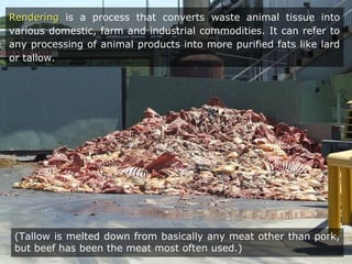 RenderingRendering is a process that converts waste animal tissue into
various domestic, farm and industrial commodities. It can refer to
any processing of animal products into more purified fats like lard
or tallow.
(Tallow is melted down from basically any meat other than pork,
but beef has been the meat most often used.)
 