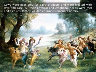 Cows were kept only for dairy products and were treated with
love and care. All their physical and emotional needs were met
and as a result they yielded enormous amounts of milk.
 