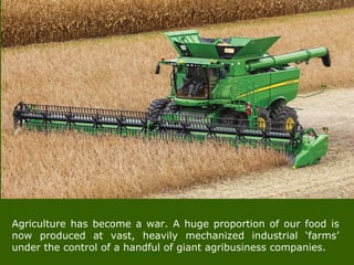Agriculture has become a war. A huge proportion of our food is
now produced at vast, heavily mechanized industrial ‘farms’
under the control of a handful of giant agribusiness companies.
 