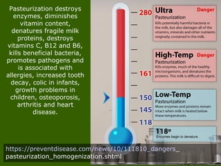 https://preventdisease.com/news/10/111810_dangers_
pasteurization_homogenization.shtml
Pasteurization destroys
enzymes, diminishes
vitamin content,
denatures fragile milk
proteins, destroys
vitamins C, B12 and B6,
kills beneficial bacteria,
promotes pathogens and
is associated with
allergies, increased tooth
decay, colic in infants,
growth problems in
children, osteoporosis,
arthritis and heart
disease.
 