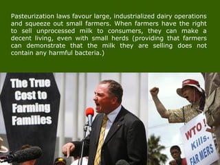 Pasteurization laws favour large, industrialized dairy operations
and squeeze out small farmers. When farmers have the right
to sell unprocessed milk to consumers, they can make a
decent living, even with small herds (providing that farmers
can demonstrate that the milk they are selling does not
contain any harmful bacteria.)
 