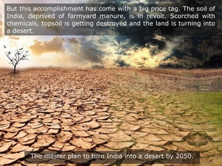 But this accomplishment has come with a big price tag. The soil of
India, deprived of farmyard manure, is in revolt. Scorched with
chemicals, topsoil is getting destroyed and the land is turning into
a desert.
The master plan to turn India into a desert by 2050.
 