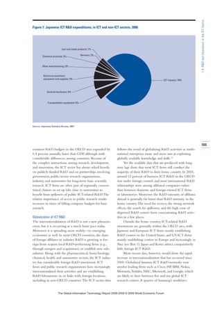 ernment RD budgets in the OECD area expanded by
6.8 percent annually, faster than GDP, although with
considerable differences among countries. Because of
the complex interactions among research, development,
and innovation, the ICT sector has always relied heavily
on publicly funded RD and on partnerships involving
government, public-sector research organizations,
industry, and universities for long-term basic scientific
research. ICT firms are often part of regionally concen-
trated clusters or set up labs close to universities to
benefit from spillovers of public ICT-related RD.The
relative importance of access to public research results
increases in times of falling company budgets for basic
research.
Globalization of ICT RD
The internationalization of RD is not a new phenom-
enon, but it is occurring at a much faster pace today.
Moreover, it is spreading more widely—to emerging
economies as well. In most OECD countries, the share
of foreign affiliates in industry RD is growing as for-
eign firms acquire local RD-performing firms (e.g.,
through mergers and acquisitions) or establish new sub-
sidiaries.Along with the pharmaceutical, biotechnology,
chemical, health, and automotive sectors, the ICT indus-
try has considerable foreign RD investment. ICT
firms and public research organizations have increasingly
internationalized their activities and are establishing
RD laboratories in, or links with, foreign locations,
including in non-OECD countries.The ICT sector thus
follows the trend of globalizing RD activities as multi-
national enterprises more and more aim at exploiting
globally available knowledge and skills.13
Yet the available data that are produced with long
time lags show that most ICT firms still conduct the
majority of their RD in their home country. In 2005,
around 12 percent of business ICT RD in the OECD
was under foreign control, and most international RD
relationships were among affiliated companies rather
than between domestic and foreign-owned ICT firms
or laboratories. Moreover, the RD intensity of affiliates
abroad is generally far lower than RD intensity in the
home country.The need for secrecy, the strong network
effects, the search for spillovers, and the high costs of
dispersed RD centers favor concentrating RD activ-
ities in a few places.
Outside the home country, ICT-related RD
investments are generally within the OECD area, with
Japanese and European ICT firms mostly establishing
RD centers in the United States, and US ICT firms
mainly establishing centers in Europe and increasingly in
Asia (see Box 1). Japan and Korea attract comparatively
little foreign ICT RD.
More recent data, however, would show the rapid
increase in internationalization that has occurred since
2005. Globalized business ICT RD networks now
involve leading firms such as Cisco, HP, IBM, Nokia,
Motorola,Toshiba, NEC, Microsoft, and Google, which
are likely to have between five and ten global ICT
research centers.A quarter of Samsung’s workforce
103
1.8:RDandInnovationintheICTSector
ICT industry: 76%
Transportation equipment: 6%
General machinery: 5%
Electrical machinery
equipment and supplies: 5%
Other manufacturing: 3%
Chemical products: 2% Services: 2%
Iron and metal products: 1%
Figure 7: Japanese ICT RD expenditures, in ICT and non-ICT sectors, 2006
Source: Japanese Statistics Bureau, 2007.
7KH *OREDO ,QIRUPDWLRQ 7HFKQRORJ 5HSRUW  ‹  :RUOG (FRQRPLF )RUXP
 