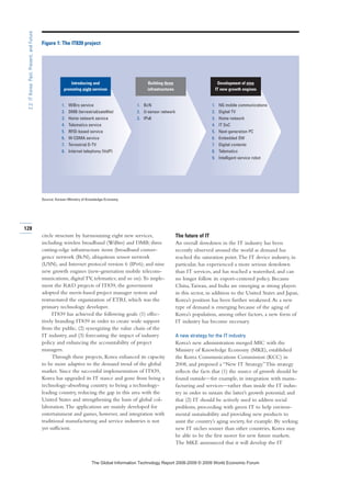 Figure 1: The IT839 project
Source: Korean Ministry of Knowledge Economy.
circle structure by harmonizing eight new services,
including wireless broadband (WiBro) and DMB; three
cutting-edge infrastructure items (broadband conver-
gence network (BcN), ubiquitous sensor network
(USN), and Internet protocol version 6 (IPv6); and nine
new growth engines (new-generation mobile telecom-
munications, digital TV, telematics; and so on).To imple-
ment the RD projects of IT839, the government
adopted the merit-based project manager system and
restructured the organization of ETRI, which was the
primary technology developer.
IT839 has achieved the following goals: (1) effec-
tively branding IT839 in order to create wide support
from the public, (2) synergizing the value chain of the
IT industry, and (3) forecasting the impact of industry
policy and enhancing the accountability of project
managers.
Through these projects, Korea enhanced its capacity
to be more adaptive to the demand trend of the global
market. Since the successful implementation of IT839,
Korea has upgraded its IT stance and gone from being a
technology-absorbing country to being a technology-
leading country, reducing the gap in this area with the
United States and strengthening the basis of global col-
laboration.The applications are mainly developed for
entertainment and games, however, and integration with
traditional manufacturing and service industries is not
yet sufficient.
The future of IT
An overall slowdown in the IT industry has been
recently observed around the world as demand has
reached the saturation point.The IT device industry, in
particular, has experienced a more serious slowdown
than IT services, and has reached a watershed, and can
no longer follow its export-centered policy. Because
China,Taiwan, and India are emerging as strong players
in this sector, in addition to the United States and Japan,
Korea’s position has been further weakened.As a new
type of demand is emerging because of the aging of
Korea’s population, among other factors, a new form of
IT industry has become necessary.
A new strategy for the IT industry
Korea’s new administration merged MIC with the
Ministry of Knowledge Economy (MKE), established
the Korea Communications Commission (KCC) in
2008, and proposed a “New IT Strategy.”This strategy
reflects the facts that (1) the source of growth should be
found outside—for example, in integration with manu-
facturing and services—rather than inside the IT indus-
try in order to sustain the latter’s growth potential; and
that (2) IT should be actively used to address social
problems, proceeding with green IT to help environ-
mental sustainability and providing new products to
assist the country’s aging society, for example. By seeking
new IT niches sooner than other countries, Korea may
be able to be the first mover for new future markets.
The MKE announced that it will develop the IT
128
2.2:ITKorea:Past,Present,andFuture
Introducing and
promoting eight services
1. WiBro service
2. DMB (terrestrial/satellite)
3. Home network service
4. Telematics service
5. RFID-based service
6. W-CDMA service
7. Terrestrial D-TV
8. Internet telephony (VoIP)
Building three
infrastructures
1. BcN
2. U-sensor network
3. IPv6
Development of nine
IT new growth engines
1. NG mobile communications
2. Digital TV
3. Home network
4. IT SoC
5. Next-generation PC
6. Embedded SW
7. Digital contents
8. Telematics
9. Intelligent service robot
7KH *OREDO ,QIRUPDWLRQ 7HFKQRORJ 5HSRUW  ‹  :RUOG (FRQRPLF )RUXP
 