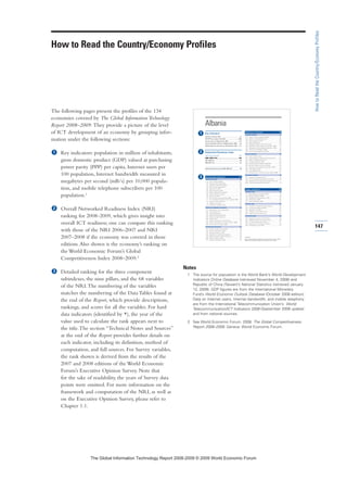 147
HowtoReadtheCountry/EconomyProfiles
The following pages present the profiles of the 134
economies covered by The Global Information Technology
Report 2008–2009. They provide a picture of the level
of ICT development of an economy by grouping infor-
mation under the following sections:
Key indicators: population in million of inhabitants,
gross domestic product (GDP) valued at purchasing
power parity (PPP) per capita, Internet users per
100 population, Internet bandwidth measured in
megabytes per second (mB/s) per 10,000 popula-
tion, and mobile telephone subscribers per 100
population.1
Overall Networked Readiness Index (NRI)
ranking for 2008–2009, which gives insight into
overall ICT readiness; one can compare this ranking
with those of the NRI 2006–2007 and NRI
2007–2008 if the economy was covered in those
editions.Also shown is the economy’s ranking on
the World Economic Forum’s Global
Competitiveness Index 2008–2009.2
Detailed ranking for the three component
subindexes, the nine pillars, and the 68 variables
of the NRI.The numbering of the variables
matches the numbering of the Data Tables found at
the end of the Report, which provide descriptions,
rankings, and scores for all the variables. For hard
data indicators (identified by *), the year of the
value used to calculate the rank appears next to
the title.The section “Technical Notes and Sources”
at the end of the Report provides further details on
each indicator, including its definition, method of
computation, and full sources. For Survey variables,
the rank shown is derived from the results of the
2007 and 2008 editions of the World Economic
Forum’s Executive Opinion Survey. Note that
for the sake of readability, the years of Survey data
points were omitted. For more information on the
framework and computation of the NRI, as well as
on the Executive Opinion Survey, please refer to
Chapter 1.1.
* Hard data
Note: For further details and explanation, please refer to the section “How to
Read the Country/Economy Profiles” at the beginning of this chapter.
Albania
Key indicators
Population (millions), 2007............................................................3.2
GDP (PPP) per capita (int’l $), 2007 ........................................6,298
Internet users per 100 population, 2006 ..................................15.0
Internet bandwidth (mB/s) per 10,000 population, 2006..........0.0
Mobile telephone subscribers per 100 population, 2007......72.1
Networked Readiness Index
Edition (number of economies) Rank
2008–2009 (134) .................................................105
2007–2008 (127) .............................................................................108
2006–2007 (122) .............................................................................107
Global Competitiveness Index 2008–2009 (134) 108
Environment component 117
Market environment 110
1.01 Venture capital availability................................................101
1.02 Financial market sophistication .......................................126
1.03 Availability of latest technologies ....................................104
1.04 State of cluster development..........................................126
1.05 Utility patents, 2007* ........................................................89
1.06 High-tech exports, 2006*..................................................73
1.07 Burden of government regulation .....................................67
1.08 Extent and effect of taxation.............................................68
1.09 Total tax rate, 2007*..........................................................91
1.10 Time required to start a business, 2008*..........................20
1.11 No. of procedures required to start a business, 2008* ....26
1.12 Intensity of local competition ..........................................127
1.13 Freedom of the press......................................................105
1.14 Accessibility of digital content.........................................129
Political and regulatory environment 114
2.01 Effectiveness of law-making bodies..................................68
2.02 Laws relating to ICT ........................................................103
2.03 Judicial independence .....................................................121
2.04 Intellectual property protection .......................................124
2.05 Efficiency of legal framework..........................................117
2.06 Property rights.................................................................126
2.07 Quality of competition in the ISP sector .........................119
2.08 Number of procedures to enforce a contract, 2008*........78
2.09 Time to enforce a contract, 2008* ....................................29
Infrastructure environment 116
3.01 Number of telephone lines, 2005*....................................86
3.02 Secure Internet servers, 2007*.........................................92
3.03 Electricity production, 2005*.............................................83
3.04 Availability of scientists and engineers............................115
3.05 Quality of scientific research institutions ........................133
3.06 Tertiary enrollment, 2004*.................................................83
3.07 Education expenditure, 2006*...........................................99
Readiness component 98
Individual readiness 91
4.01 Quality of math and science education.............................62
4.02 Quality of the educational system.....................................80
4.03 Internet access in schools...............................................101
4.04 Buyer sophistication ........................................................109
4.05 Residential telephone connection charge*.......................n/a
4.06 Residential monthly telephone subscription, 2005* ...........9
4.07 High-speed monthly broadband subscription, 2006*........91
4.08 Lowest cost of broadband, 2006* ....................................86
4.09 Cost of mobile telephone call, 2006*................................99
Business readiness 118
5.01 Extent of staff training.......................................................71
5.02 Local availability of research and training services..........124
5.03 Quality of management schools......................................113
5.04 Company spending on RD............................................133
5.05 University-industry research collaboration.......................134
5.06 Business telephone connection charge*..........................n/a
5.07 Business monthly telephone subscription, 2005* ............70
5.08 Local supplier quality.......................................................120
5.09 Local supplier quantity.....................................................121
5.10 Computer, comm., and other services imports, 2006* ....91
Government readiness 86
6.01 Government prioritization of ICT .......................................73
6.02 Gov’t procurement of advanced tech products...............119
6.03 Importance of ICT to government vision of the future .....77
6.04 E-Government Readiness Index, 2008*............................78
Usage component 105
Individual usage 82
7.01 Mobile telephone subscribers, 2007*...............................76
7.02 Personal computers, 2006* ..............................................90
7.03 Broadband Internet subscribers, 2005* ..........................119
7.04 Internet users, 2006*........................................................81
7.05 Internet bandwidth, 2006*..............................................118
Business usage 120
8.01 Prevalence of foreign technology licensing.......................89
8.02 Firm-level technology absorption ....................................110
8.03 Capacity for innovation....................................................134
8.04 Availability of new telephone lines..................................127
8.05 Extent of business Internet use......................................114
Government usage 106
9.01 Government success in ICT promotion...........................118
9.02 Availability of government online services ......................108
9.03 ICT use and government efficiency ................................111
9.04 Presence of ICT in government offices.............................48
9.05 E-Participation Index, 2008*............................................115
How to Read the Country/Economy Profiles
Notes
1 The source for population is the World Bank’s World Development
Indicators Online Database (retrieved November 4, 2008) and
Republic of China (Taiwan)’s National Statistics (retrieved January
12, 2009). GDP figures are from the International Monetary
Fund’s World Economic Outlook Database (October 2008 edition).
Data on Internet users, Internet bandwidth, and mobile telephony
are from the International Telecommunication Union’s World
Telecommunication/ICT Indicators 2008 (September 2008 update)
and from national sources.
2 See World Economic Forum. 2008. The Global Competitiveness
Report 2008–2009. Geneva: World Economic Forum.
7KH *OREDO ,QIRUPDWLRQ 7HFKQRORJ 5HSRUW  ‹  :RUOG (FRQRPLF )RUXP
 